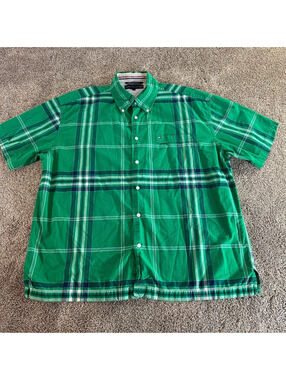 Tommy Hilfiger short sleeve button shirt green plaid check XL